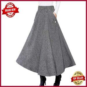 High Waist Wool Maxi Skirt A-Line Flared Midi Long Skirt with Pockets